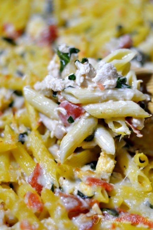 a spoonful of penne pasta with spinach, tomatoes and chicken 