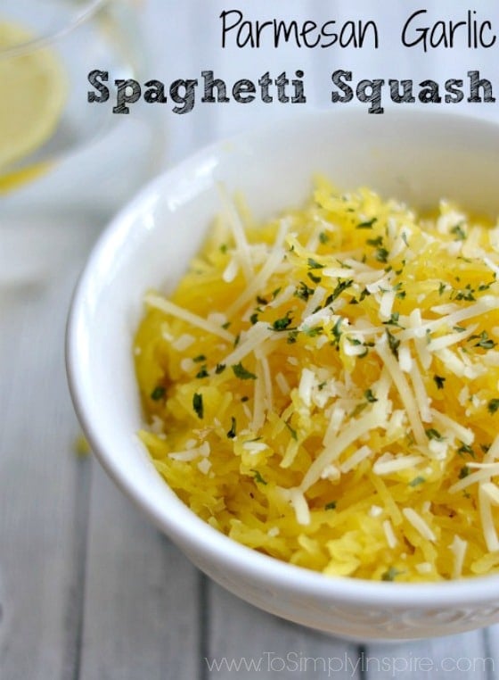 Simple and delicious, this Parmesan Garlic Spaghetti Squash adds a fabulous low-carb option to a healthy dinner. A bowl of Spaghetti Squash topped with parmesan cheese