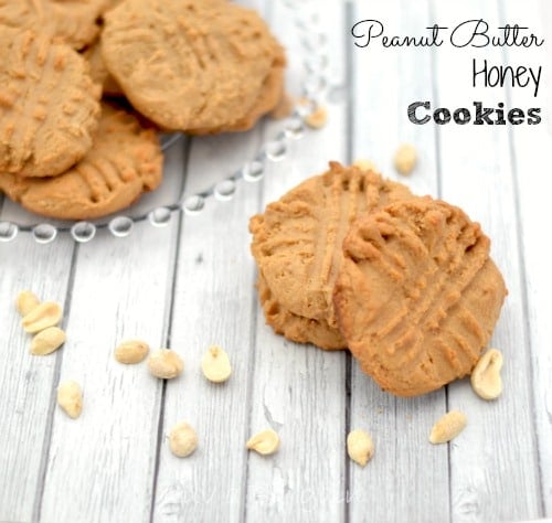 a stack of 3 Peanut Butter Honey Cookies with a plate in the background