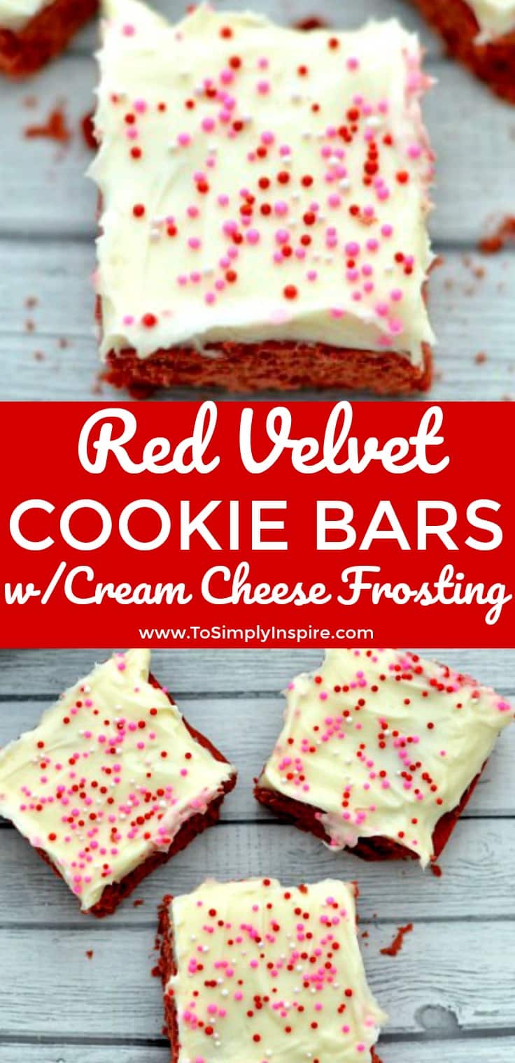 Three red velvet cake cookie bars topped with cream cheese frosting and sprinkles with text overlay