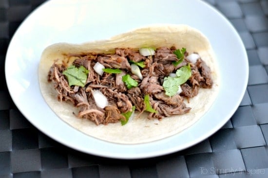 Shredded Barbacoa beef in a flour tortilla topped with cilantro and onion on a white plate.