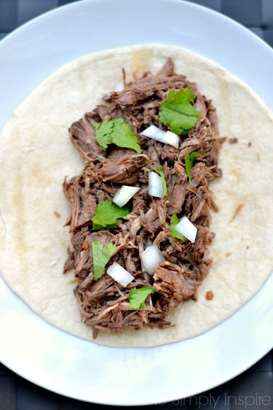 Shredded Barbacoa beef on a flour tortilla topped with cilantro and onions on a white plate.