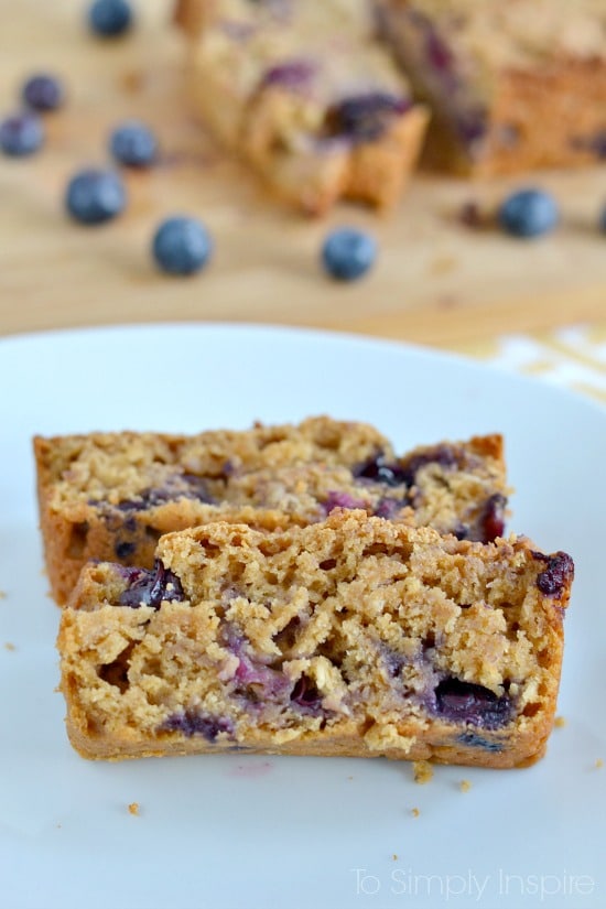 two slices of Blueberry Bread on a white plate