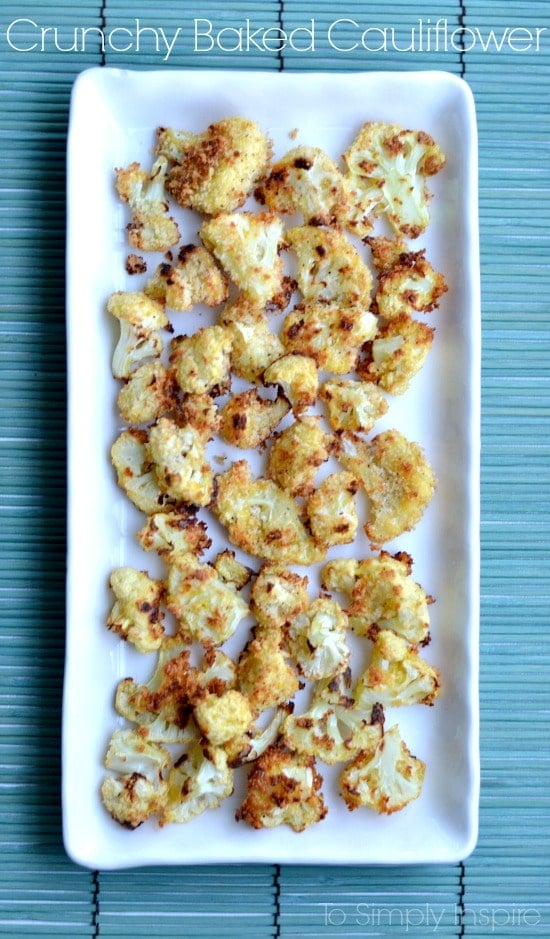 crunchy baked cauliflower on a white rectangle plate