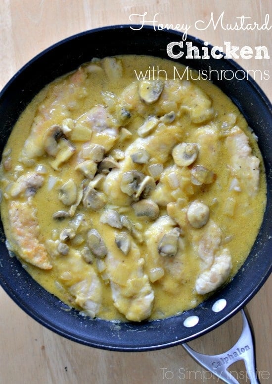 Honey Mustard Chicken with mushrooms recipe in a black pan