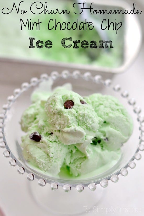 mint chocolate chip ice cream scoops in a glass bowl