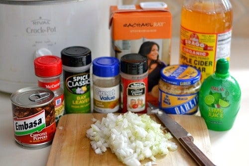 Barbacoa recipe Ingredients of spices, chopped onion, garlic, lime juice on a countertop 