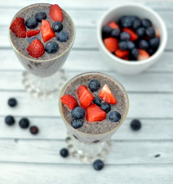 Two dishes of Chia Seed Pudding topped with strawberries and blueberries.