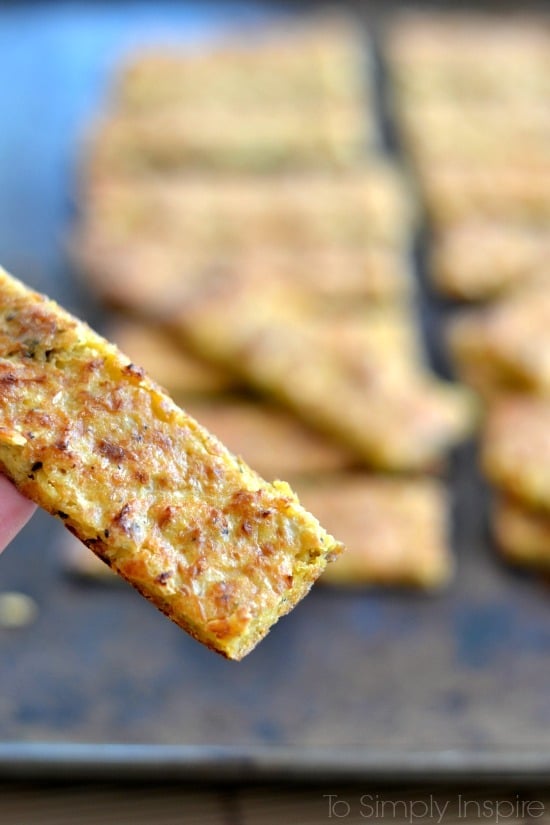 A close up of a slice of cauliflower breadstick