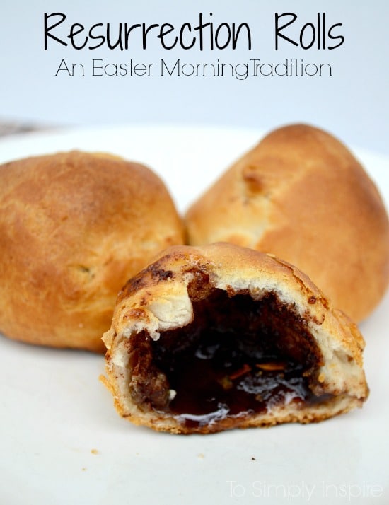 Making these Resurrection Rolls are a wonderful Easter tradition for your family each year. Delicious cinnamon sugar, buttery croissant rolls with a story of Jesus' resurrection for your children. A plate with a crescent roll filled with cinnamon sugar with text overlay resurrection rolls