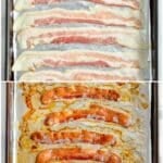 Top: uncooked strips of bacon on a aluminum foil lined baking sheet. Bottom: crispy baked bacon strips surrounded by rendered fat on the same baking sheet.