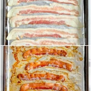 Top: uncooked strips of bacon on a aluminum foil lined baking sheet. Bottom: crispy baked bacon strips surrounded by rendered fat on the same baking sheet.