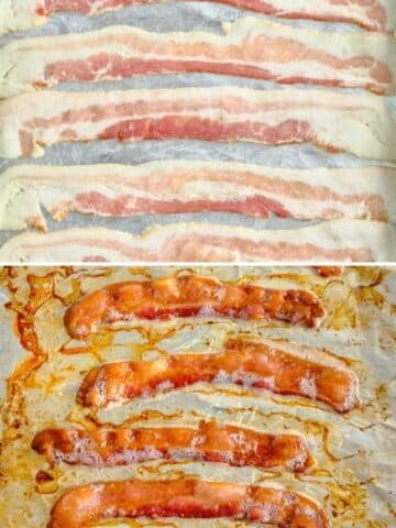 Top: uncooked strips of bacon on a aluminum foil lined baking sheet. Bottom: crispy baked bacon strips surrounded by rendered fat on the same baking sheet.