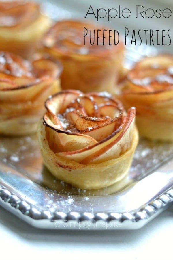 close-up of Apple Rose Puffed Pastries recipe on a silver platter.