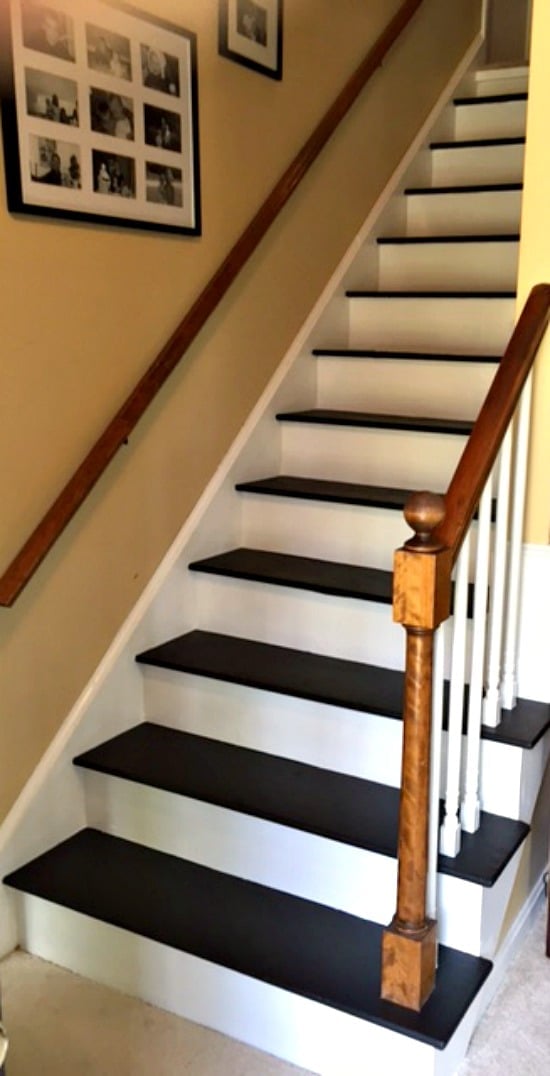 a set of stairs painted black and white