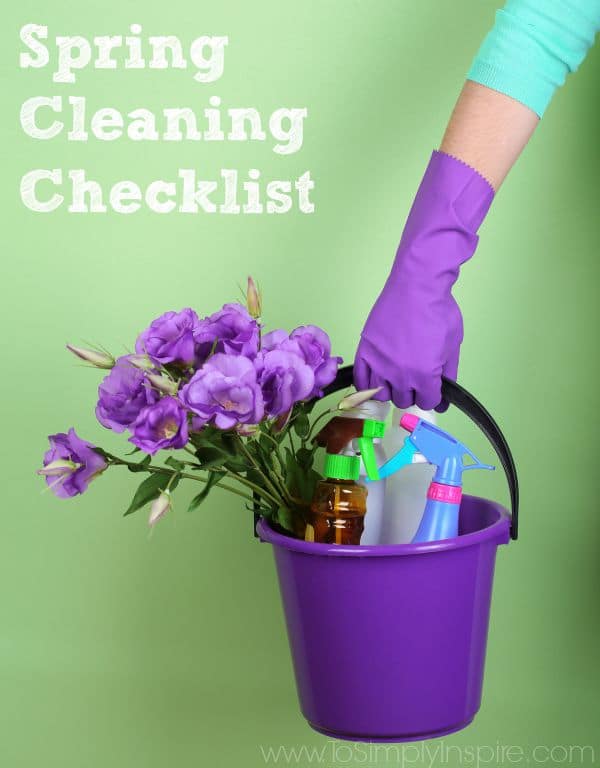 A purple bucket filled with purple flowers and spray bottles held by a woman wearing a purple glove