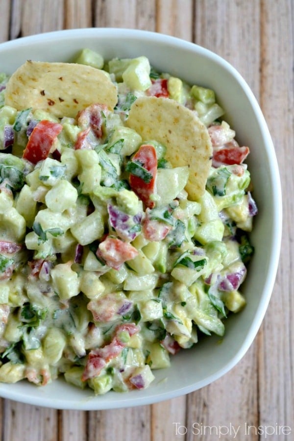 Cucumber Avocado Salsa recipe in a white bowl