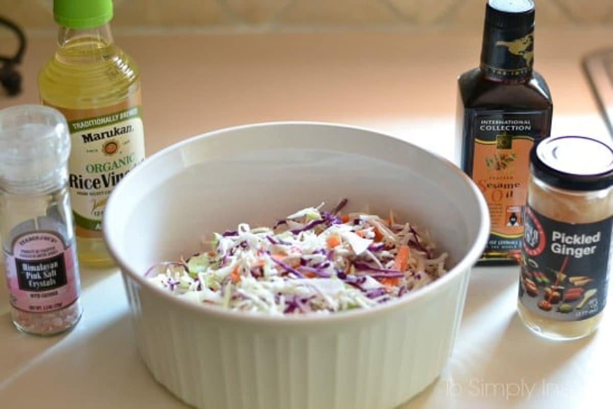 Ingredients for Ginger Sesame Slaw recipe on a counter 