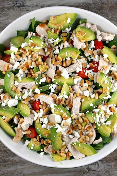 Spinach-Salad-with-Chicken-Avocado-and-Goat-Cheese