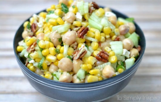 closeup of chickpea corn salad