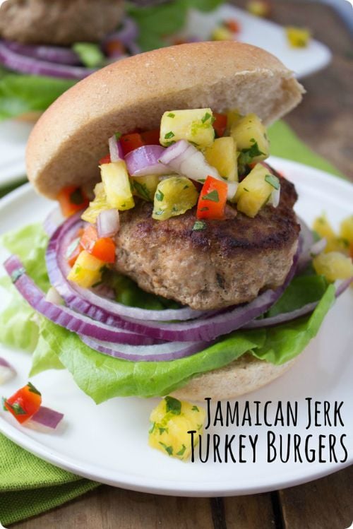 A Turkey Burger topped with pineapple salsa