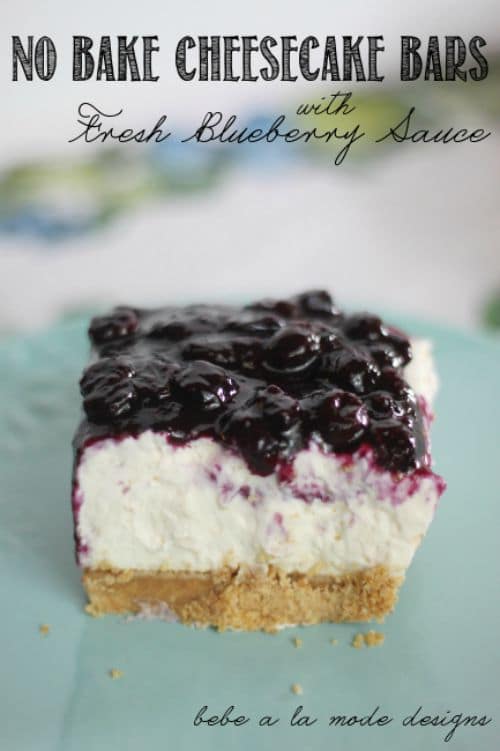 A piece of Blueberry cheesecake bars on a light blue plate