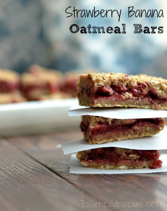 stack of three strawberry oatmeal bars with text overlay