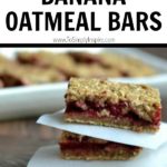 three strawberry Banana Oatmeal Bars stacked with white parchment paper in between