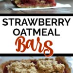 strawberry Banana Oatmeal Bars stacked with white parchment paper in between with text overlay