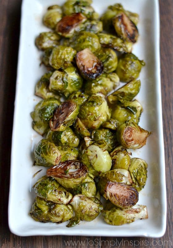 Balsamic Roasted Brussel Sprouts recipe on a white plate