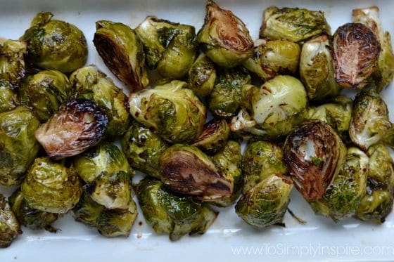 Balsamic Brussel Sprouts on a white plate