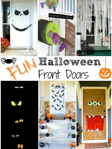 a collection of several front doors decorate for halloween