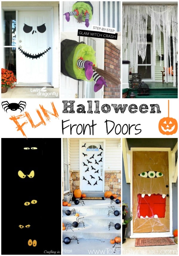 a collection of several front doors decorate for halloween 