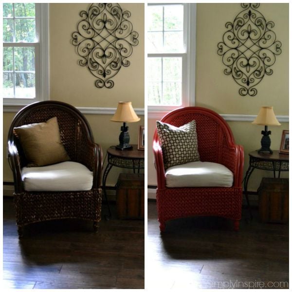 a brown wicker chair and a red wicker chair