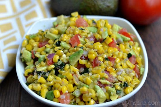 closeup of Corn Salsa recipe in a white bowl