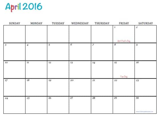 April 2016 Free Printable Calendar
