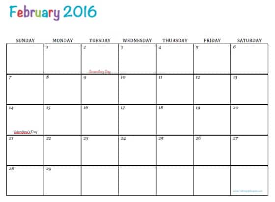 February 2016 Free Printable Calendar