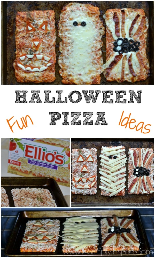 several pictures of rectangle ellios pizza slices on a baking sheet that are decorated with the face of a pumpkin, a mummy and a spider out of cheese, bacon and pepperoni