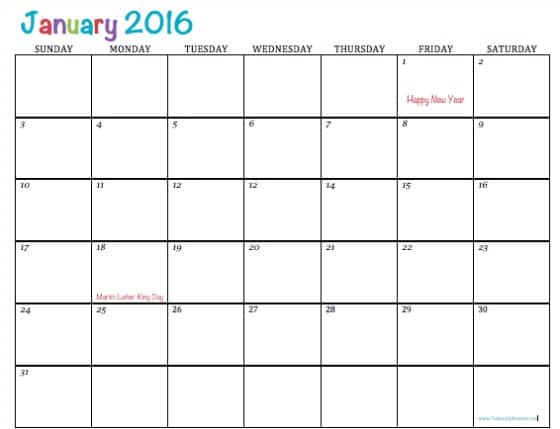 January 2016 Free Printable Calendar