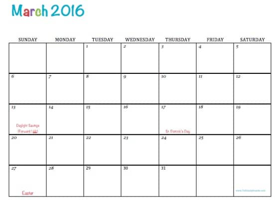 March 2016 Free Printable Calendar