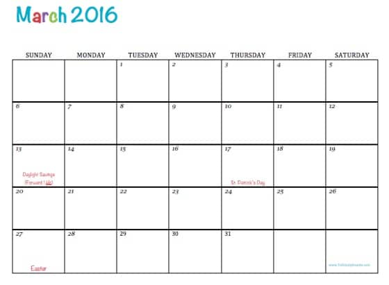 free printable calendar march 2016