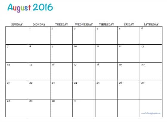 August 2016 Free Printable Calendar