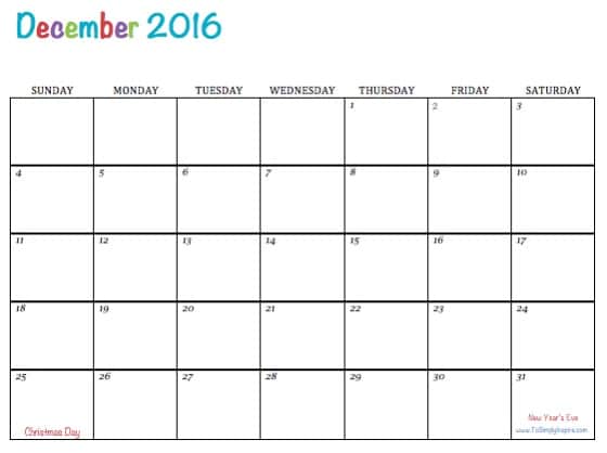 December 2016 Free Printable Calendar