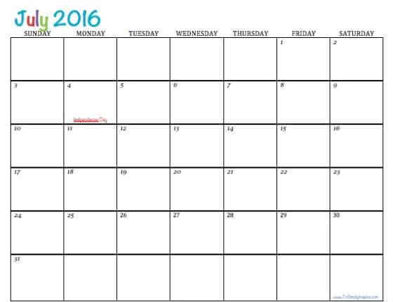 July 2016 Free Printable Calendar