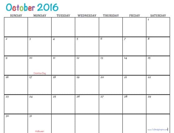 free printable calendar october 2016
