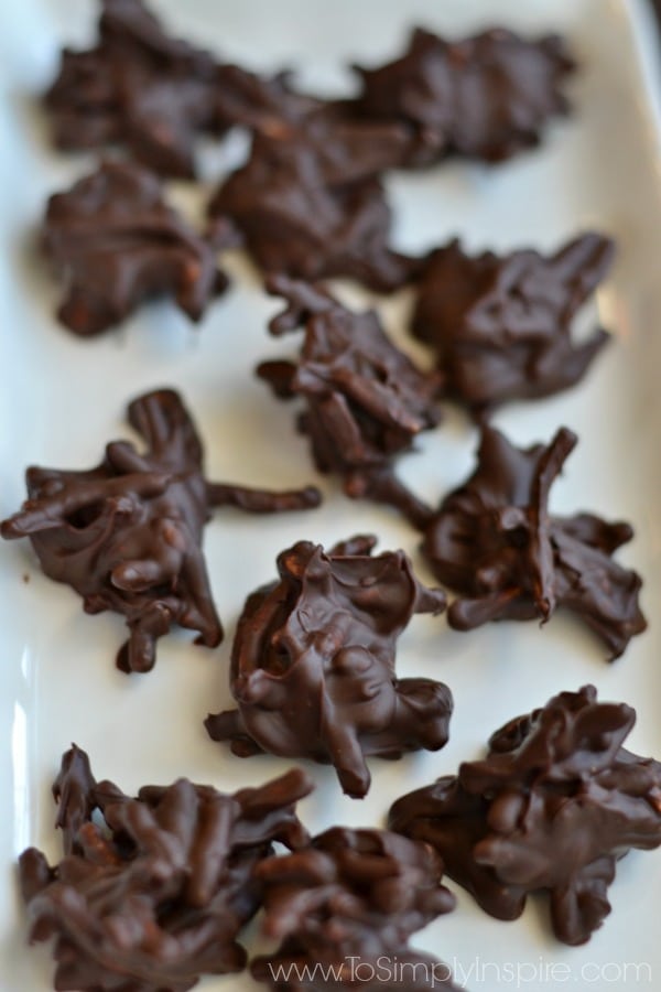 a group of Chocolate Haystacks recipe on a white plate.