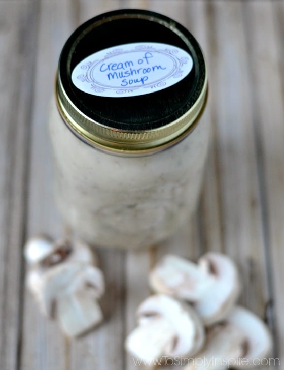 closeup of a jar of cream of Mushroom Soup with a homemade label on it