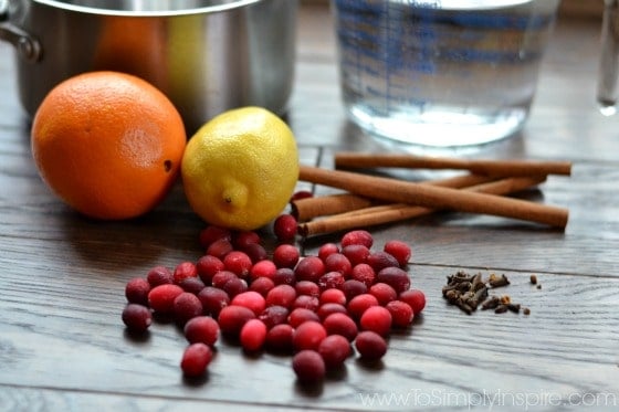 Homemade Potpourri for the Holidays fresh cranberries, orange, lemon and cinnamon sticks on a wooden table