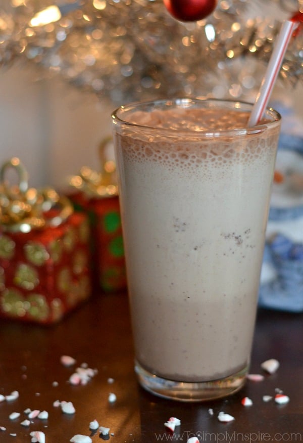 a glass of peppermint mocha smoothie with a straw