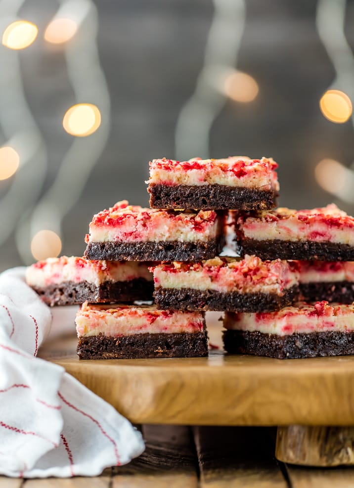 stack of peppermint cheesecake brownies